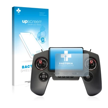 Parte frontal de un envase de producto con el logotipo de la marca upscreen. Al lado se muestra el dispositivo FrSky Twin Lite