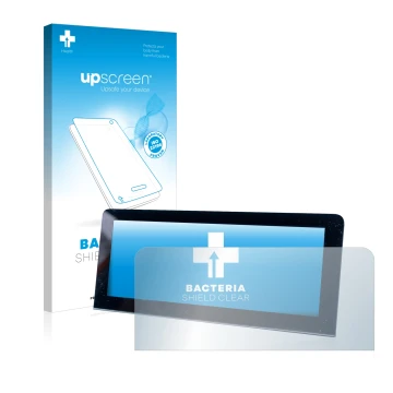 Parte frontal de un envase de producto con el logotipo de la marca upscreen. Al lado se muestra el dispositivo MG 4 con su pro