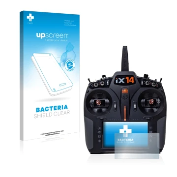 Parte frontal de un envase de producto con el logotipo de la marca upscreen. Al lado se muestra el dispositivo Spektrum iX14 c