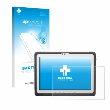 Parte frontal de un envase de producto con el logotipo de la marca upscreen. Al lado se muestra el dispositivo Panasonic Tough