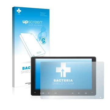 Parte frontal de un envase de producto con el logotipo de la marca upscreen. Al lado se muestra el dispositivo Atoto A6 PF 9 Z