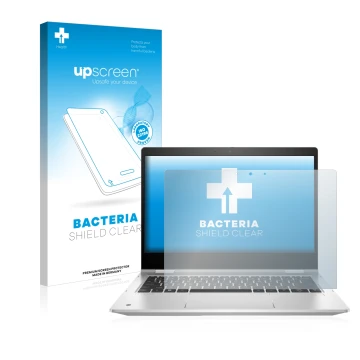 Parte frontal de un envase de producto con el logotipo de la marca upscreen. Al lado se muestra el dispositivo HP ProBook x360