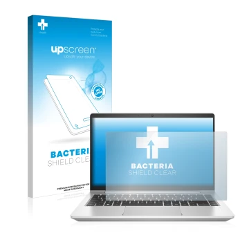 Parte frontal de un envase de producto con el logotipo de la marca upscreen. Al lado se muestra el dispositivo HP ProBook 440 