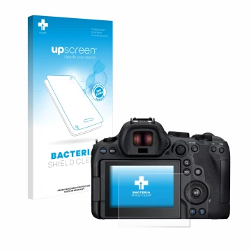 Parte frontal de un envase de producto con el logotipo de la marca upscreen. Al lado se muestra el dispositivo Canon EOS R6 Ma