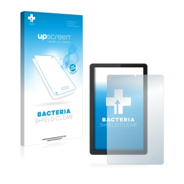 Parte frontal de un envase de producto con el logotipo de la marca upscreen. Al lado se muestra el dispositivo Lenovo Tab M9 c