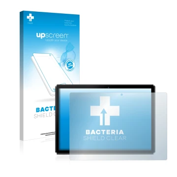 Parte frontal de un envase de producto con el logotipo de la marca upscreen. Al lado se muestra el dispositivo Pritom M10 10.1