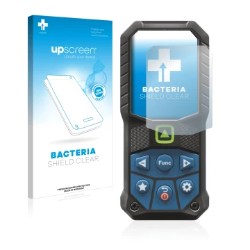 Parte frontal de un envase de producto con el logotipo de la marca upscreen. Al lado se muestra el dispositivo Bosch GLM 50-25
