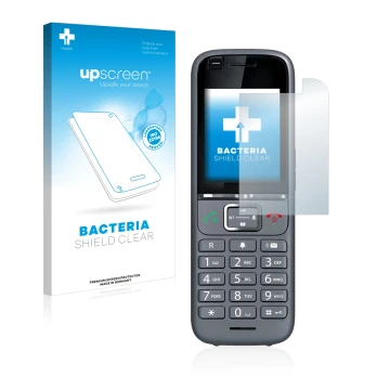 Parte frontal de un envase de producto con el logotipo de la marca upscreen. Al lado se muestra el dispositivo Gigaset S700H P