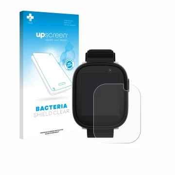 Parte frontal de un envase de producto con el logotipo de la marca upscreen. Al lado se muestra el dispositivo Xplora X6 Play 