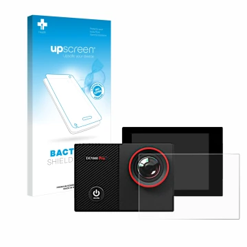 Parte frontal de un envase de producto con el logotipo de la marca upscreen. Al lado se muestra el dispositivo Akaso EK7000 Pr