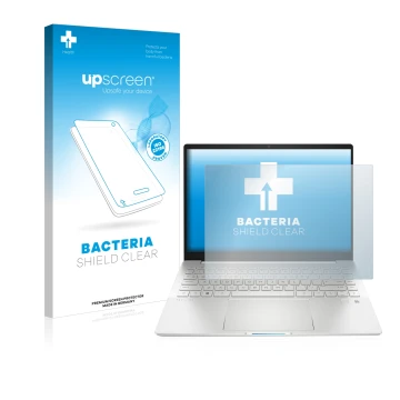 Parte frontal de un envase de producto con el logotipo de la marca upscreen. Al lado se muestra el dispositivo HP Pavilion Plu