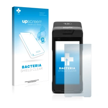 Parte frontal de un envase de producto con el logotipo de la marca upscreen. Al lado se muestra el dispositivo myPOS Carbon co