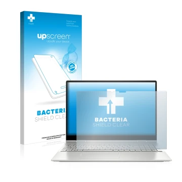 Parte frontal de un envase de producto con el logotipo de la marca upscreen. Al lado se muestra el dispositivo HP Envy x360 2-