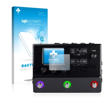 Parte frontal de un envase de producto con el logotipo de la marca upscreen. Al lado se muestra el dispositivo Line 6 hx stomp