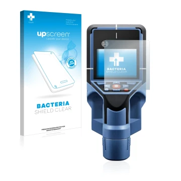 Parte frontal de un envase de producto con el logotipo de la marca upscreen. Al lado se muestra el dispositivo Bosch D-tect 20