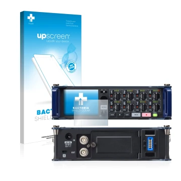 Parte frontal de un envase de producto con el logotipo de la marca upscreen. Al lado se muestra el dispositivo Zoom F8 field r