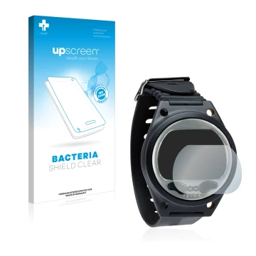 Parte frontal de un envase de producto con el logotipo de la marca upscreen. Al lado se muestra el dispositivo SCUBAPRO Aladin