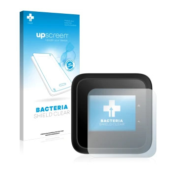 Parte frontal de un envase de producto con el logotipo de la marca upscreen. Al lado se muestra el dispositivo Netgear Nightha