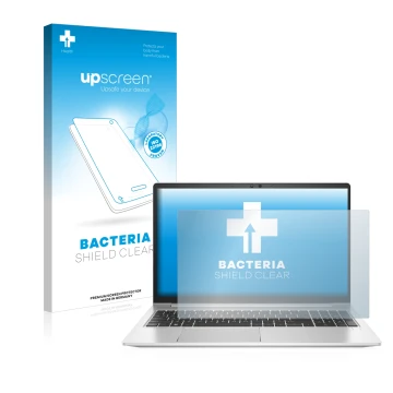 Parte frontal de un envase de producto con el logotipo de la marca upscreen. Al lado se muestra el dispositivo HP EliteBook 65