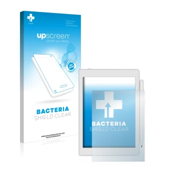 Parte frontal de un envase de producto con el logotipo de la marca upscreen. Al lado se muestra el dispositivo Boox Nova Air 2