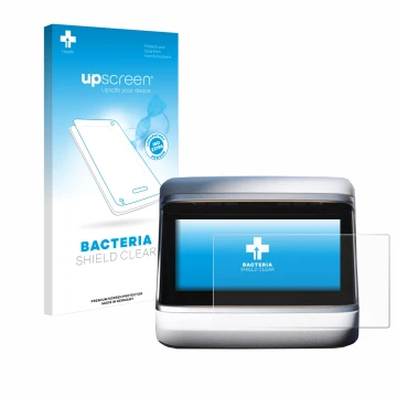 Parte frontal de un envase de producto con el logotipo de la marca upscreen. Al lado se muestra el dispositivo Tesla Model X P