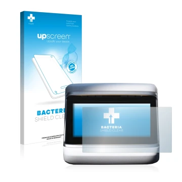 Parte frontal de un envase de producto con el logotipo de la marca upscreen. Al lado se muestra el dispositivo Tesla Model S P