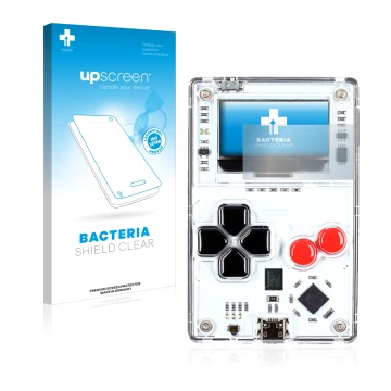 Parte frontal de un envase de producto con el logotipo de la marca upscreen. Al lado se muestra el dispositivo Arduboy FX con 