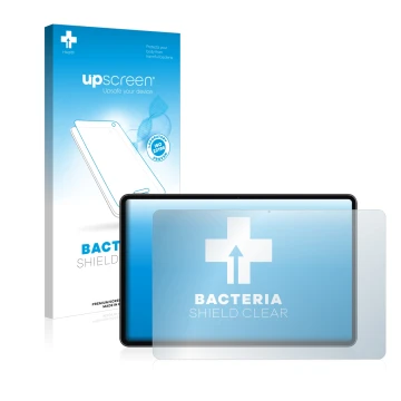Parte frontal de un envase de producto con el logotipo de la marca upscreen. Al lado se muestra el dispositivo Huawei MateBook