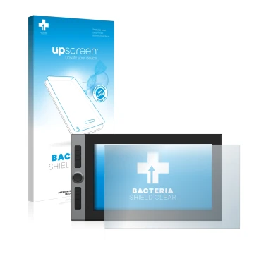 Parte frontal de un envase de producto con el logotipo de la marca upscreen. Al lado se muestra el dispositivo XP-Pen Artist P