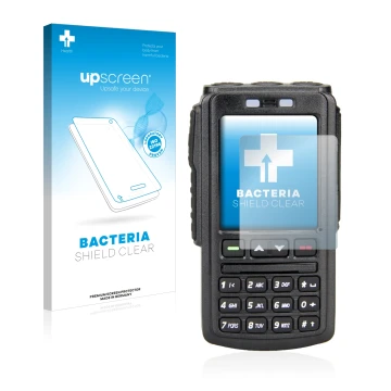 Parte frontal de un envase de producto con el logotipo de la marca upscreen. Al lado se muestra el dispositivo AnyTone BT-01 c