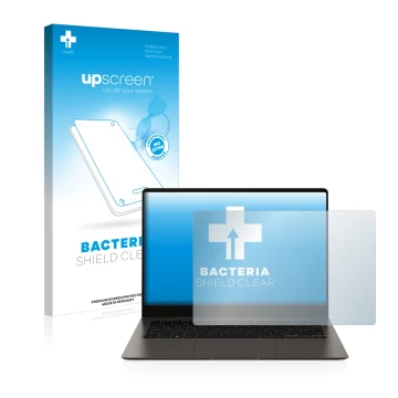 Parte frontal de un envase de producto con el logotipo de la marca upscreen. Al lado se muestra el dispositivo Samsung Galaxy 