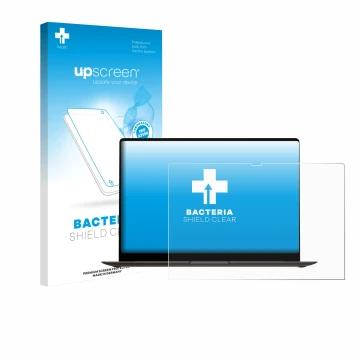 Parte frontal de un envase de producto con el logotipo de la marca upscreen. Al lado se muestra el dispositivo Samsung Galaxy 