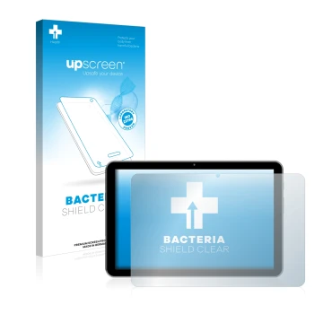 Parte frontal de un envase de producto con el logotipo de la marca upscreen. Al lado se muestra el dispositivo Peaq PET 1008 c