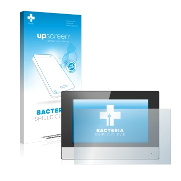 Parte frontal de un envase de producto con el logotipo de la marca upscreen. Al lado se muestra el dispositivo Hikvision DS-KH