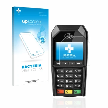 Parte frontal de un envase de producto con el logotipo de la marca upscreen. Al lado se muestra el dispositivo ingenico Desk/1