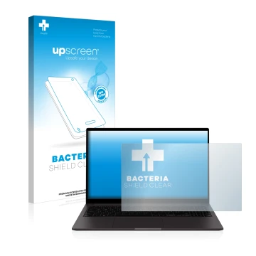 Parte frontal de un envase de producto con el logotipo de la marca upscreen. Al lado se muestra el dispositivo Samsung Galaxy 