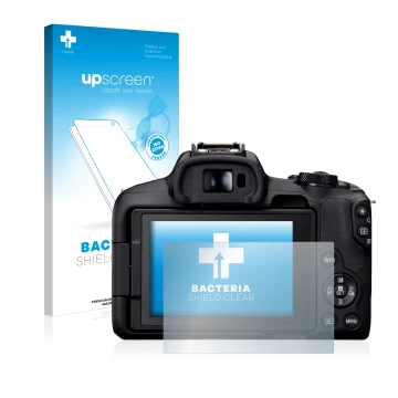 Parte frontal de un envase de producto con el logotipo de la marca upscreen. Al lado se muestra el dispositivo Canon EOS R50 c