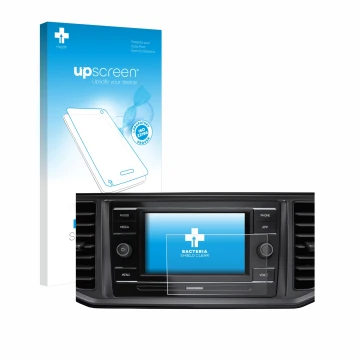 Parte frontal de un envase de producto con el logotipo de la marca upscreen. Al lado se muestra el dispositivo Volkswagen Craf
