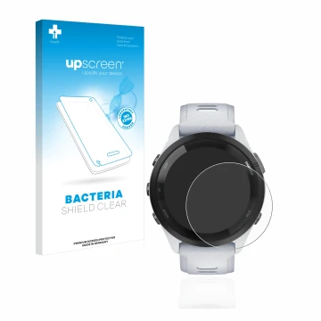 Parte frontal de un envase de producto con el logotipo de la marca upscreen. Al lado se muestra el dispositivo Garmin Forerunn