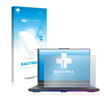 Parte frontal de un envase de producto con el logotipo de la marca upscreen. Al lado se muestra el dispositivo ASUS ROG Strix 