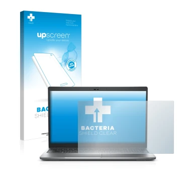 Parte frontal de un envase de producto con el logotipo de la marca upscreen. Al lado se muestra el dispositivo Dell Latitude 5
