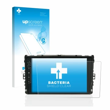 Parte frontal de un envase de producto con el logotipo de la marca upscreen. Al lado se muestra el dispositivo Dynavin D8-DF63