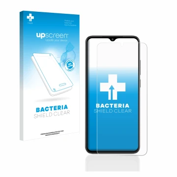 Parte frontal de un envase de producto con el logotipo de la marca upscreen. Al lado se muestra el dispositivo Xiaomi Redmi A2