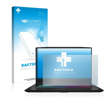 Parte frontal de un envase de producto con el logotipo de la marca upscreen. Al lado se muestra el dispositivo MSI Katana 17 B