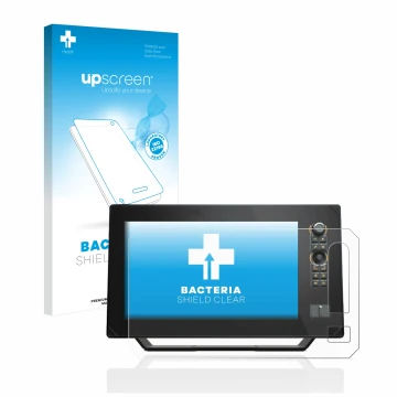 Parte frontal de un envase de producto con el logotipo de la marca upscreen. Al lado se muestra el dispositivo Humminbird Apex