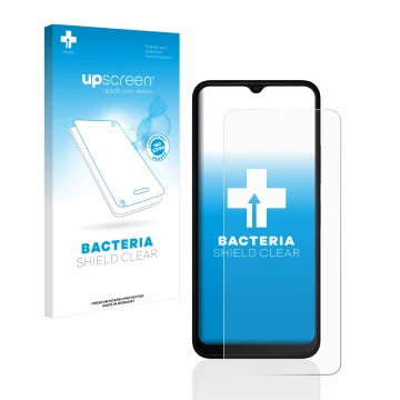 Parte frontal de un envase de producto con el logotipo de la marca upscreen. Al lado se muestra el dispositivo Nokia C32 con s