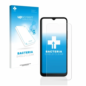 Parte frontal de un envase de producto con el logotipo de la marca upscreen. Al lado se muestra el dispositivo Nokia C22 con s