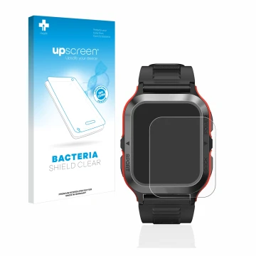 Parte frontal de un envase de producto con el logotipo de la marca upscreen. Al lado se muestra el dispositivo Kospet Tank M2 