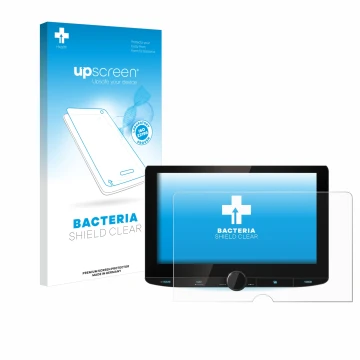 Parte frontal de un envase de producto con el logotipo de la marca upscreen. Al lado se muestra el dispositivo Kenwood DNR992R