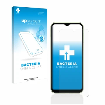 Parte frontal de un envase de producto con el logotipo de la marca upscreen. Al lado se muestra el dispositivo Samsung Galaxy 
